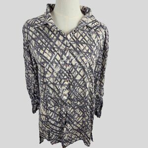 David Cline Snap Front Shirt XL Gray Silver Metallic Abstract Crinkle Knit Artsy